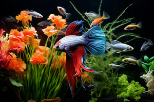 Aquarium mit farbenfrohen Fischen und einem Kampfisch im Vorderg