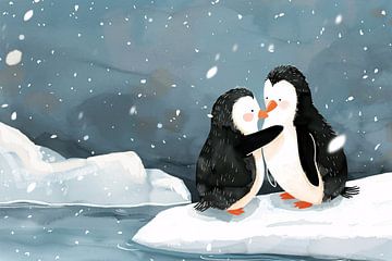 Knuffelende pinguïns in een winterse sneeuwbui van Imperial Art House