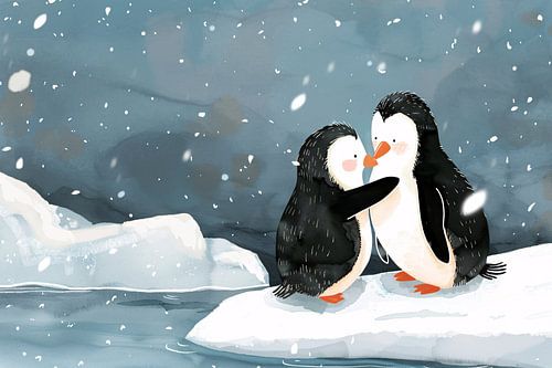 Knuffelende pinguïns in een winterse sneeuwbui
