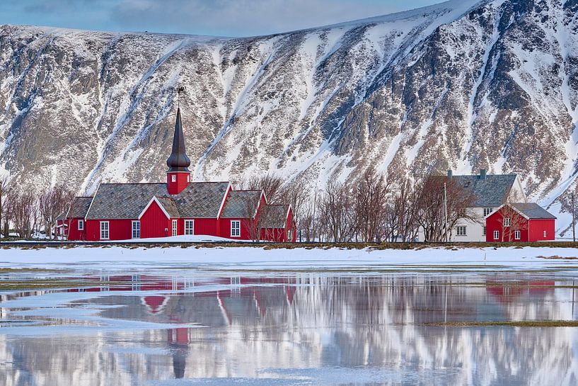 Red church of Flakstad in winter landscape, Lofoten by Jürgen Ritterbach