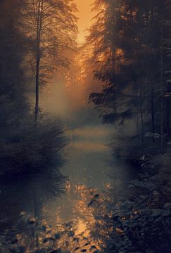 Mystieke ochtendsfeer in het bos van fernlichtsicht