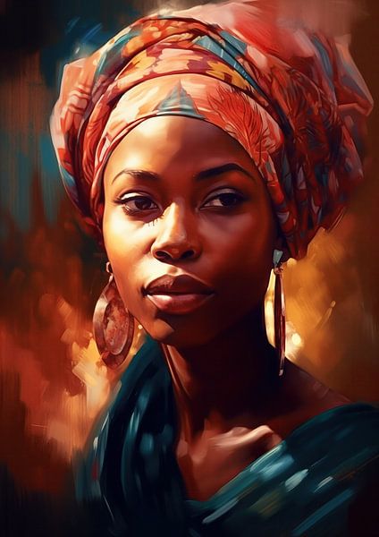 Stralende Portret van een Afrikaanse Vrouw in Kleurrijke Hoofddoek van Steinfox Art