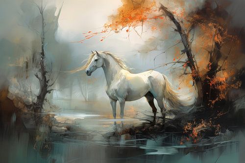 Landschaft mit einem weißen Pferd