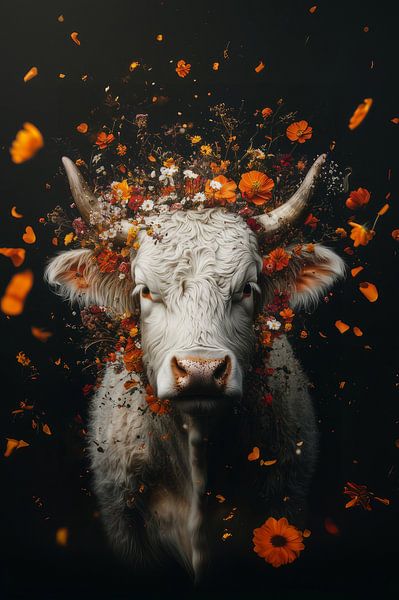 Weiße Majestät - Stier umgeben von Blumenpracht von Eva Lee