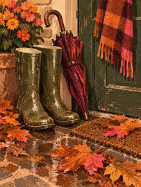 Regentag im Herbst – Gummistiefel und Schirm von Albert Klee