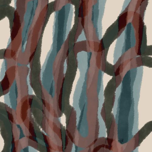 Japandi. Organische vormen in bruin, wit, groenblauw.