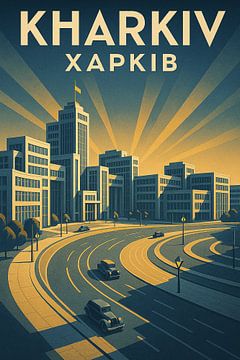 Impression d'art de la place de la Liberté de Kharkiv - Bâtiment Derzhprom &amp ; paysage urbain rétro