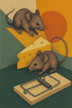 Mice with cheese and mousetrap illustration. by Johannes
