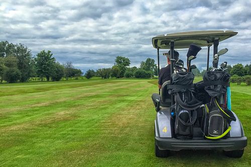 Man in golfkarretje op de golfbaan