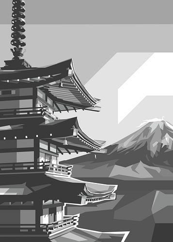 Traditioneel Japans huis in grijstinten Popart