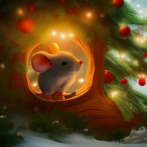 Muis in het knoopsgat van de dennenboom