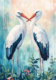 Cheerful birds | Two birds in garden by Eye catching paintings
