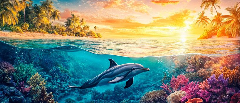 Delfin schwimmt im Korallenriff von Poster Art Shop