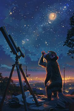 Un singe curieux observe les étoiles au télescope sur Felix Brönnimann