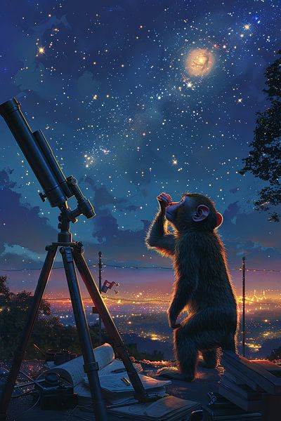 Neugieriger Affe Beobachtet Sterne Durch Teleskop von Poster Art Shop