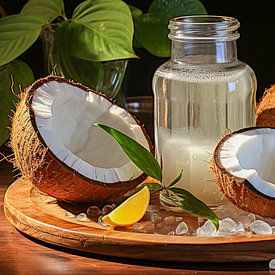 Kokosmilch Hintergrund mit Glas und Kokosnuss von Animaflora PicsStock