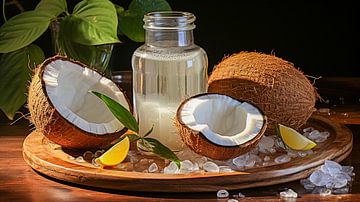 Kokosmelk achtergrond met glas en kokosnoot van Animaflora PicsStock