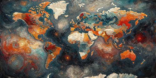 Abstracte wereldkaart met een dark industrial kleurenpalette van Maps Are Art