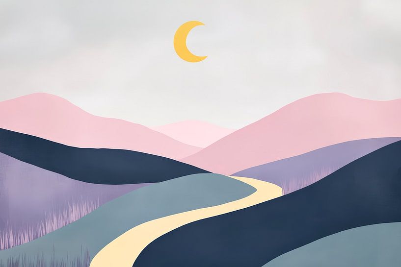 Gentle hills and a golden crescent moon by Poster Art Shop