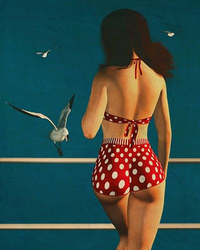 Retro stijl schilderij van een meisje met een bikini