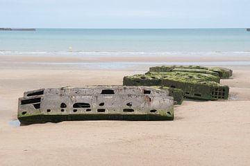 Pontoons on the beach at Arromanches, France. by Christa Stroo photography