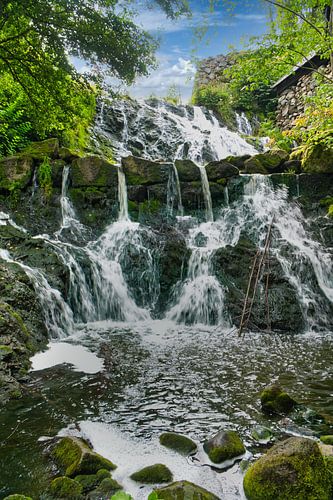 Kleine waterval in het bos met mos op stenen