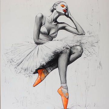 Zittende ballerina in zwart-wit met oranje accenten van Lauri Creates