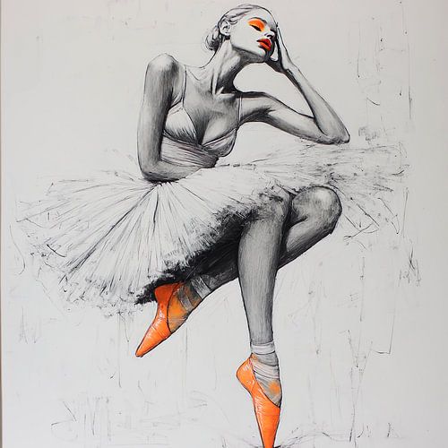 Zittende ballerina in zwart-wit met oranje accenten
