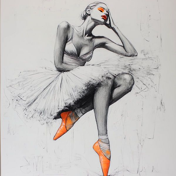 Sitzende Ballerina in Schwarz und Weiß mit orangefarbenen Akzenten von Lauri Creates