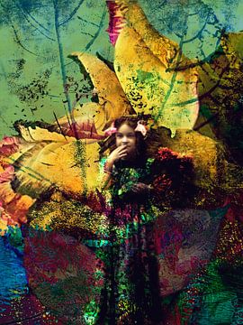 Flora poseert tussen bladeren en bloemen van A perfect day studio