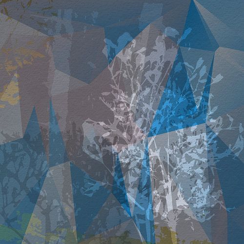 Abstraction botanique moderne. Plantes et formes en bleu, taupe, moutarde et or.