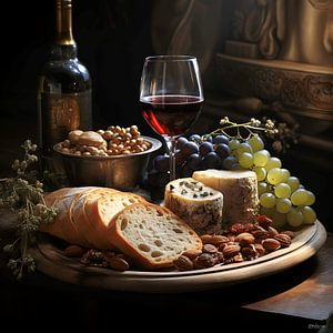 stilleven van wijn, kaas en brood van Gelissen Artworks
