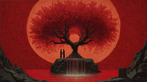 Samen onder rode boom symbolisme panorama