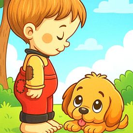 Freundschaft zwischen Kind und Hund im Freien von Jose Lok