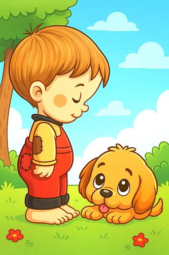 Freundschaft zwischen Kind und Hund im Freien von Jose Lok