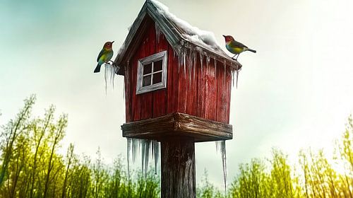 Oiseaux multicolores sur une volière enneigée