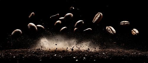 Koffiebonen tijdens de vlucht - dynamisch en opwindend