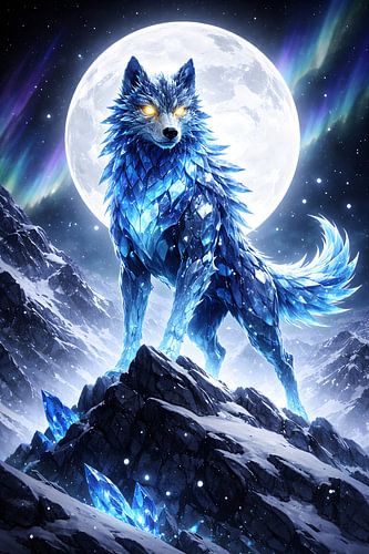 Ice Wolf Night Moon Art - Blauwe Kristallen Dierenberg