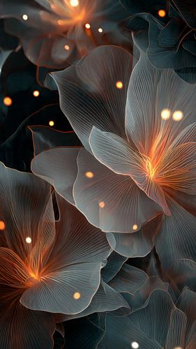 Etherische, gloeiende bloemen: abstracte, doorschijnende bloemblaadjes met warme, amberkleurige lichtbollen