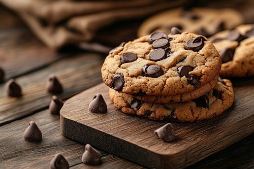 Stijlvolle afbeelding van chocolate chip cookies – perfecte wanddecoratie voor de koffiehoek