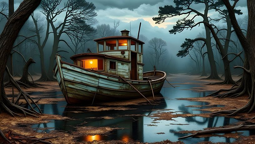 Houseboat in a branched delta landscape by Nick Wendt