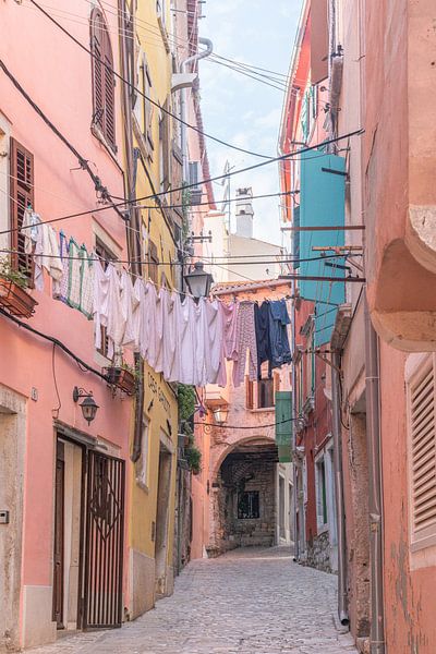 Rovinj, Küstenstadt, Adria, Kirchturm, pastellfarbene Häuser, Kroatien, mediterran, malerisch, historische Stadt, Meerblick, Charme, Urlaubsgefühl von Elma Maaskant
