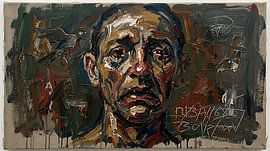 Portrait grotesque néo-expressionniste authentique : peinture à l'huile sur toile texturée sur Aden Pink Studio