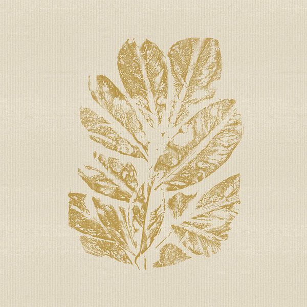 Abstract minimalist botanical in yellow ochre on beige. Leaves by Dina Dankers
