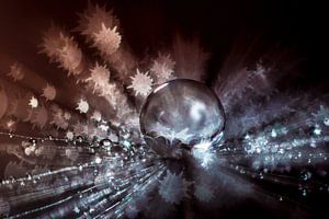 Wassertropfen auf einer Fussel mit sternförmigem Bokeh