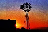 a water pump windmill at sunrise mixed media by Werner Lehmann thumbnail