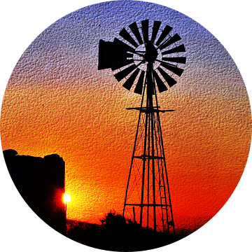 een waterpomp windmolen bij zonsopgang mixed media van Werner Lehmann