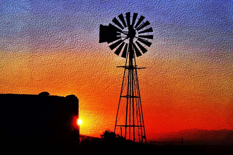 a water pump windmill at sunrise mixed media by Werner Lehmann