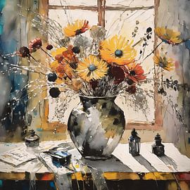 Stilleben mit leuchtenden Blumen in Gelb und Rot