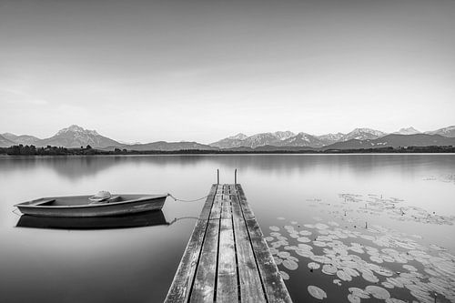 Hopfensee in de Allgäu in de vroege ochtend in zwart-wit